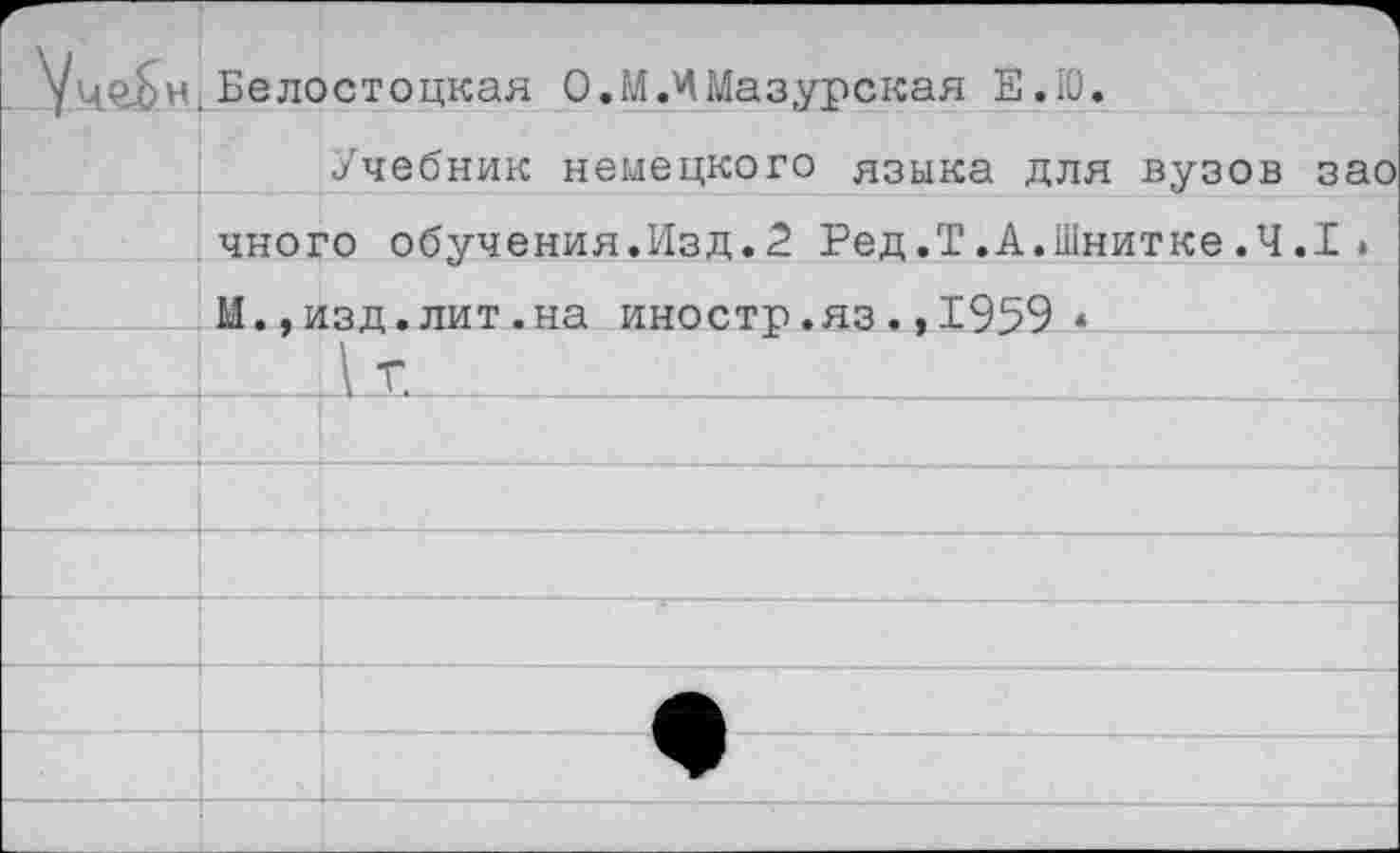 ﻿УчеЬн. Белостоцкая О. МЛ Мазурская Е.Ю.
Учебник немецкого языка для вузов зао
чного обучения.Изд.2 Ред.Т.А.Шнитке.4.1.
М.,изд.лит.на иностр.яз.,1959 *